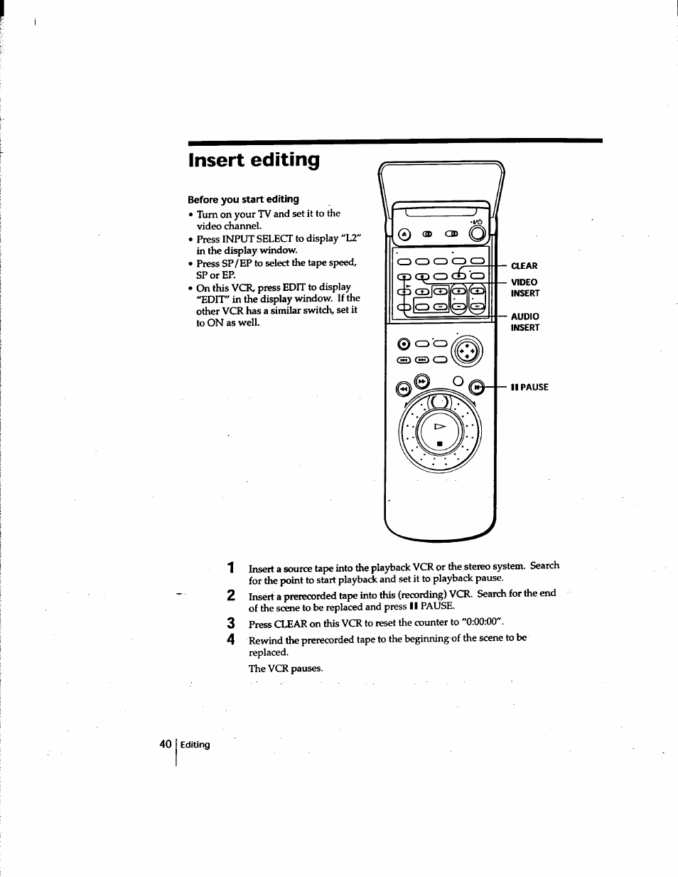 Insert editing, Before you start editing | Sony SLV-M91HF User Manual | Page 40 / 80