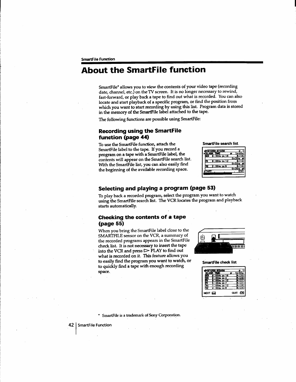 About the smartfile function, Recording using the smartfile function (page 44), Selecting and playing a program (page 53) | Checking the contents of a tape (page 55), La b'l -i, Smartfile function, E/i3, B/10l, Smartfile check list, Smartfile is a trademark of sony corporation | Sony SLV-M91HF User Manual | Page 42 / 80