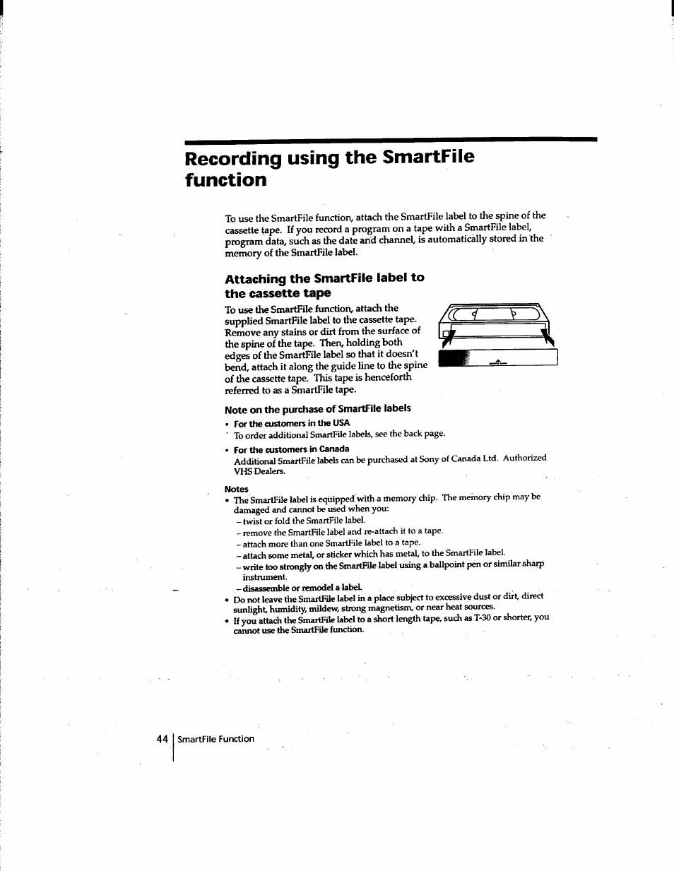 Recording using the smartfile function, Attaching the smartfile label to the cassette tape, Note on the purchase of smartfile labels | Sony SLV-M91HF User Manual | Page 44 / 80