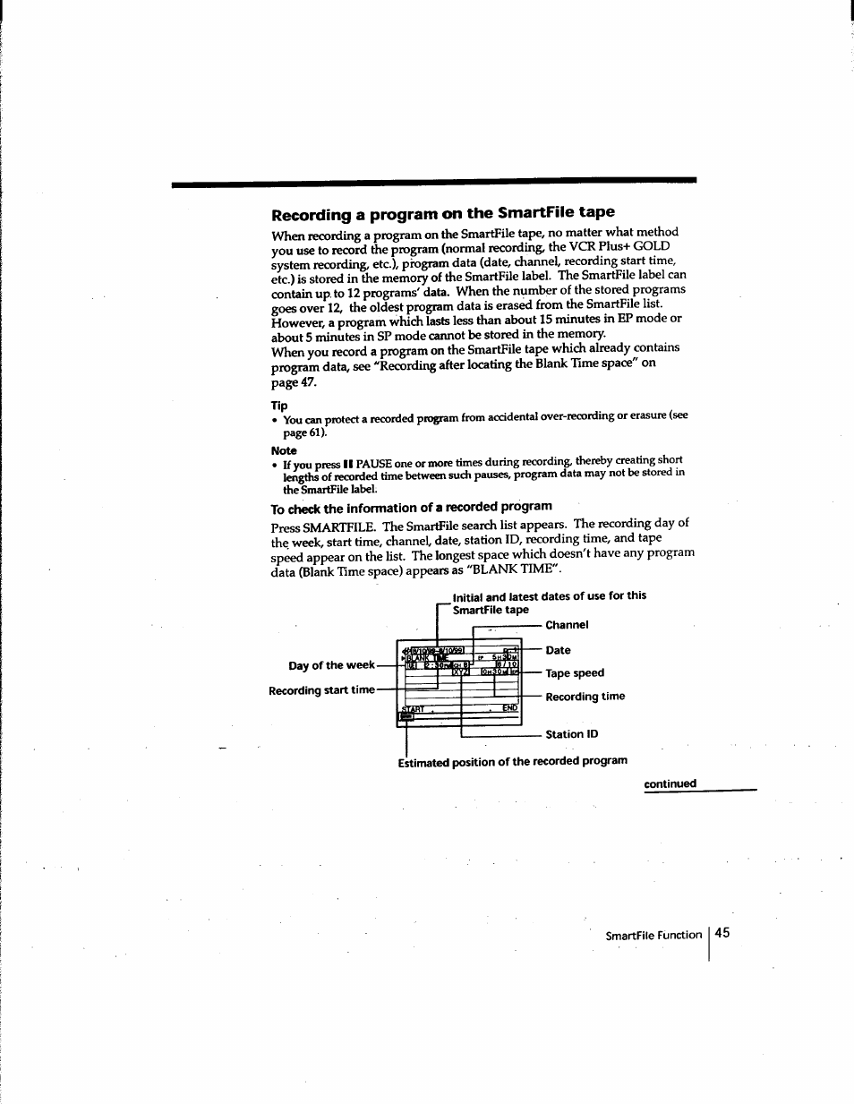 Recording a program on the smartfile tape, To check the information of a recorded program | Sony SLV-M91HF User Manual | Page 45 / 80