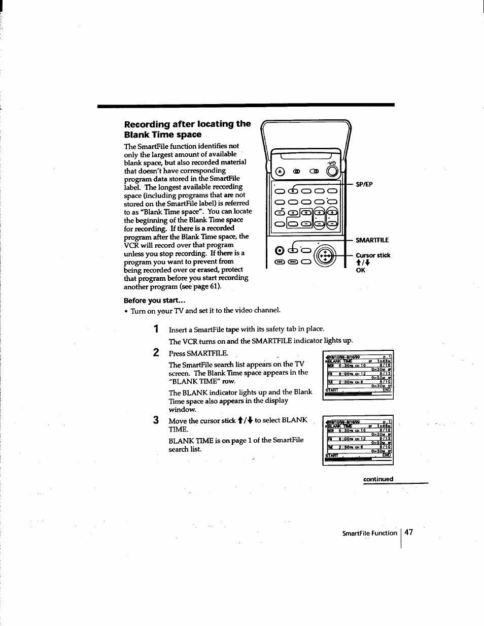 Recording after locating the blank time space, Before you start, Turn on your tv and set it to the video channel | Continued | Sony SLV-M91HF User Manual | Page 47 / 80