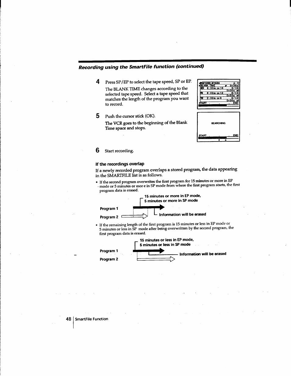 If the recordings overlap, Recording using the smartfile function (continued), Start recording | Information will be erased, Program 1 program 2 | Sony SLV-M91HF User Manual | Page 48 / 80