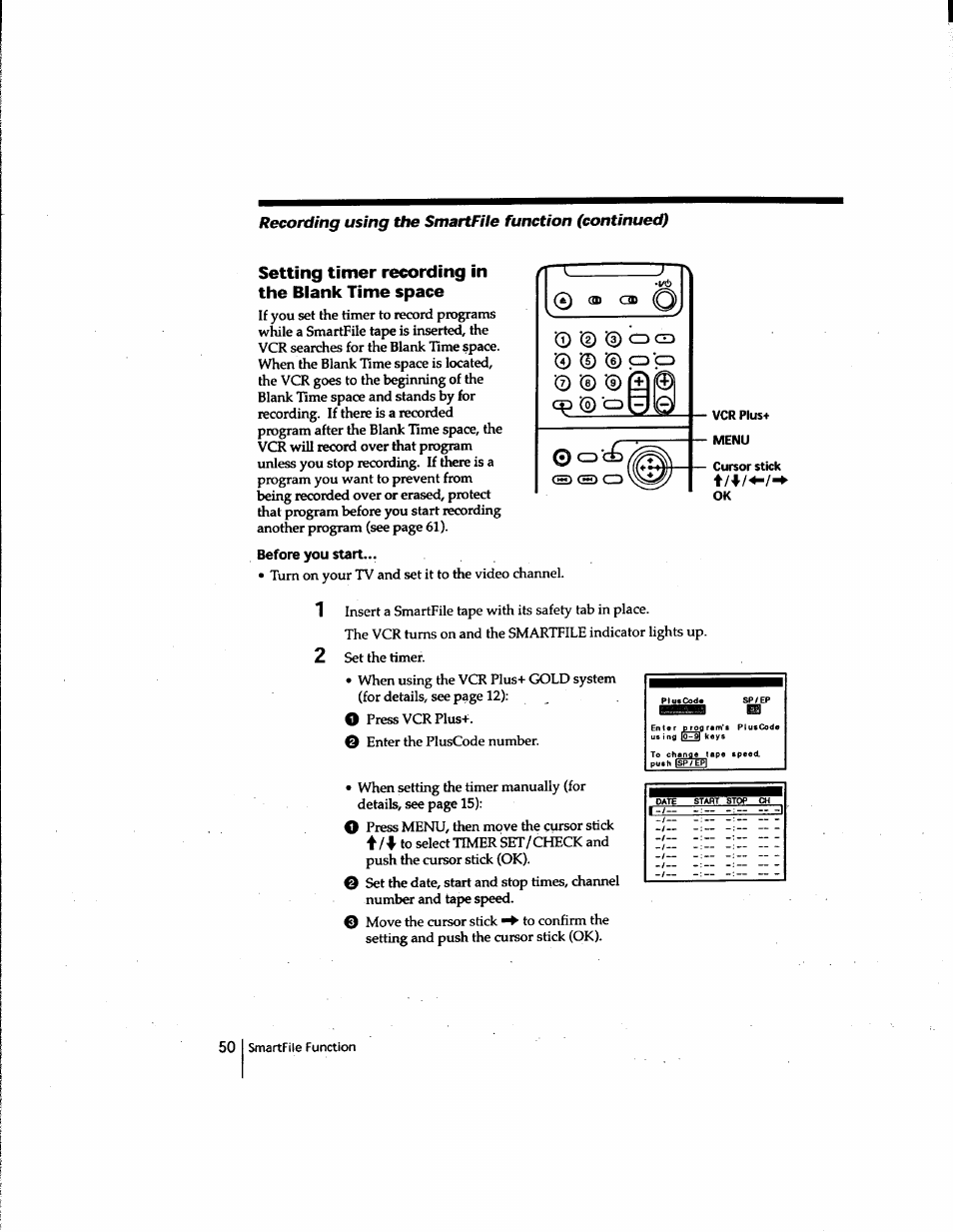 Before you start, Setting timer recording in, Cthe blank time space | Sony SLV-M91HF User Manual | Page 50 / 80