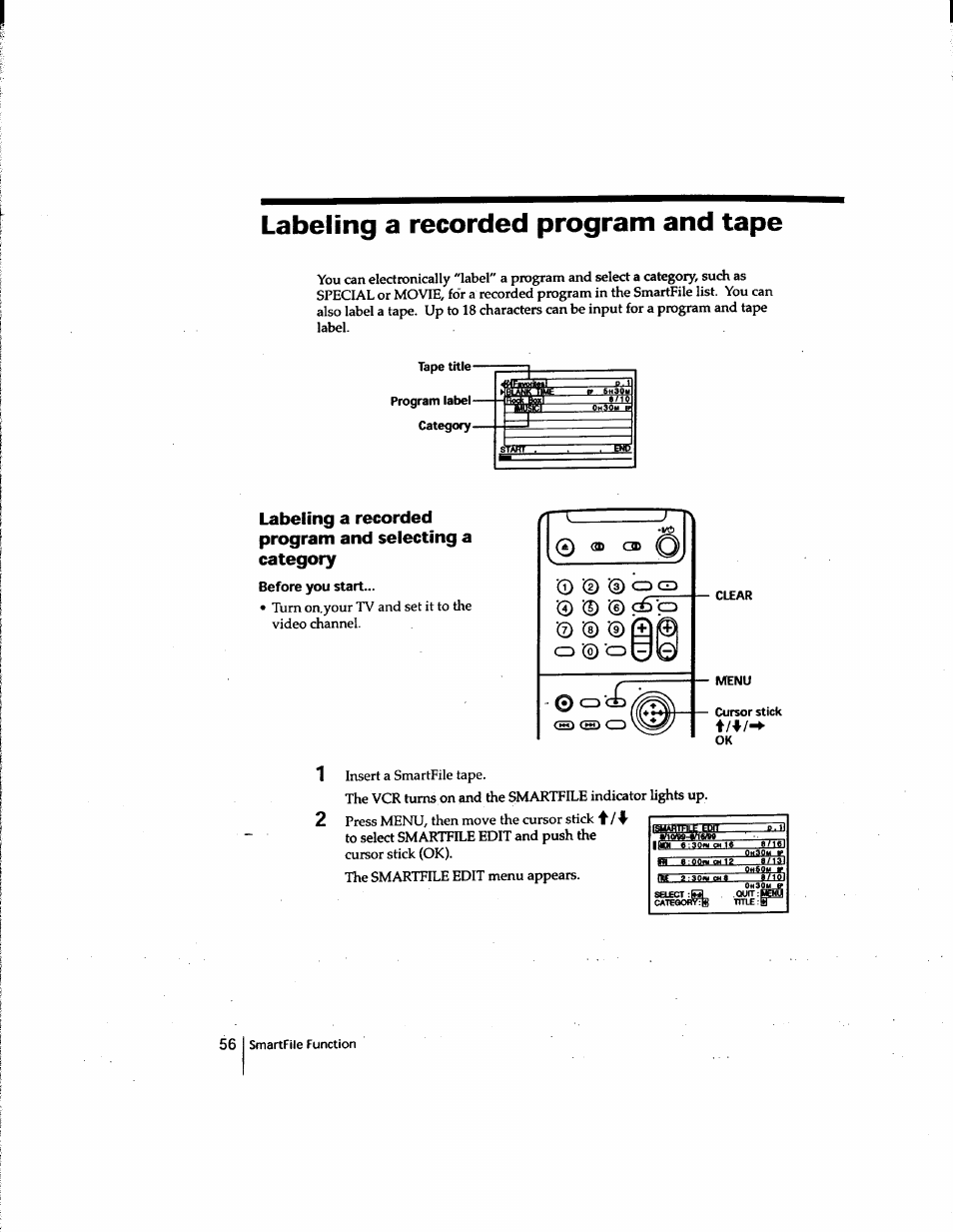 Labeling a recorded program and tape | Sony SLV-M91HF User Manual | Page 56 / 80