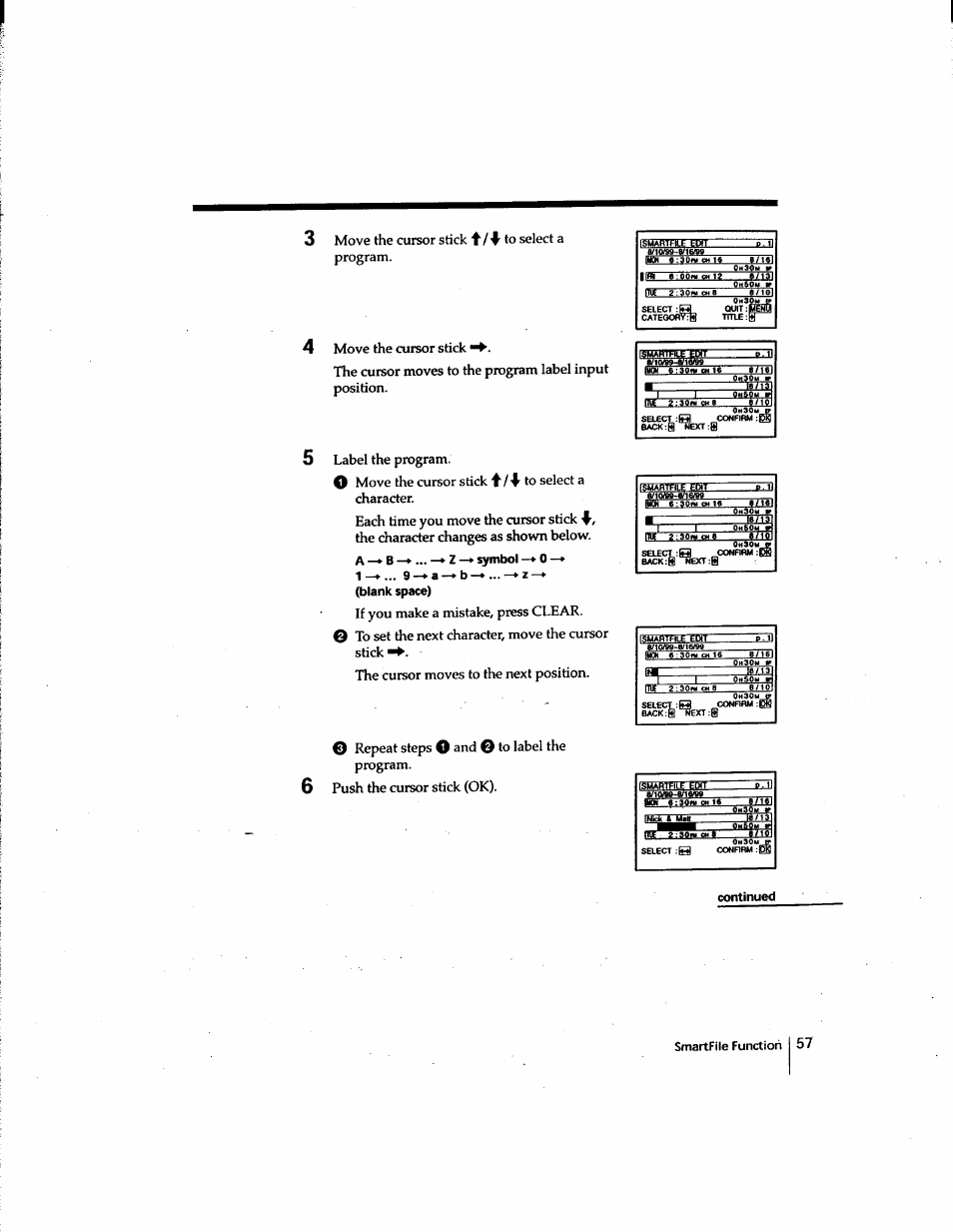 Continued, Move the cursor stick ♦■/1” to select a program, Push the cursor stick (ok) | Tr izijj, P.tl, A/io«a.^i, Etio, A/iq^yi, 30w cm p | Sony SLV-M91HF User Manual | Page 57 / 80