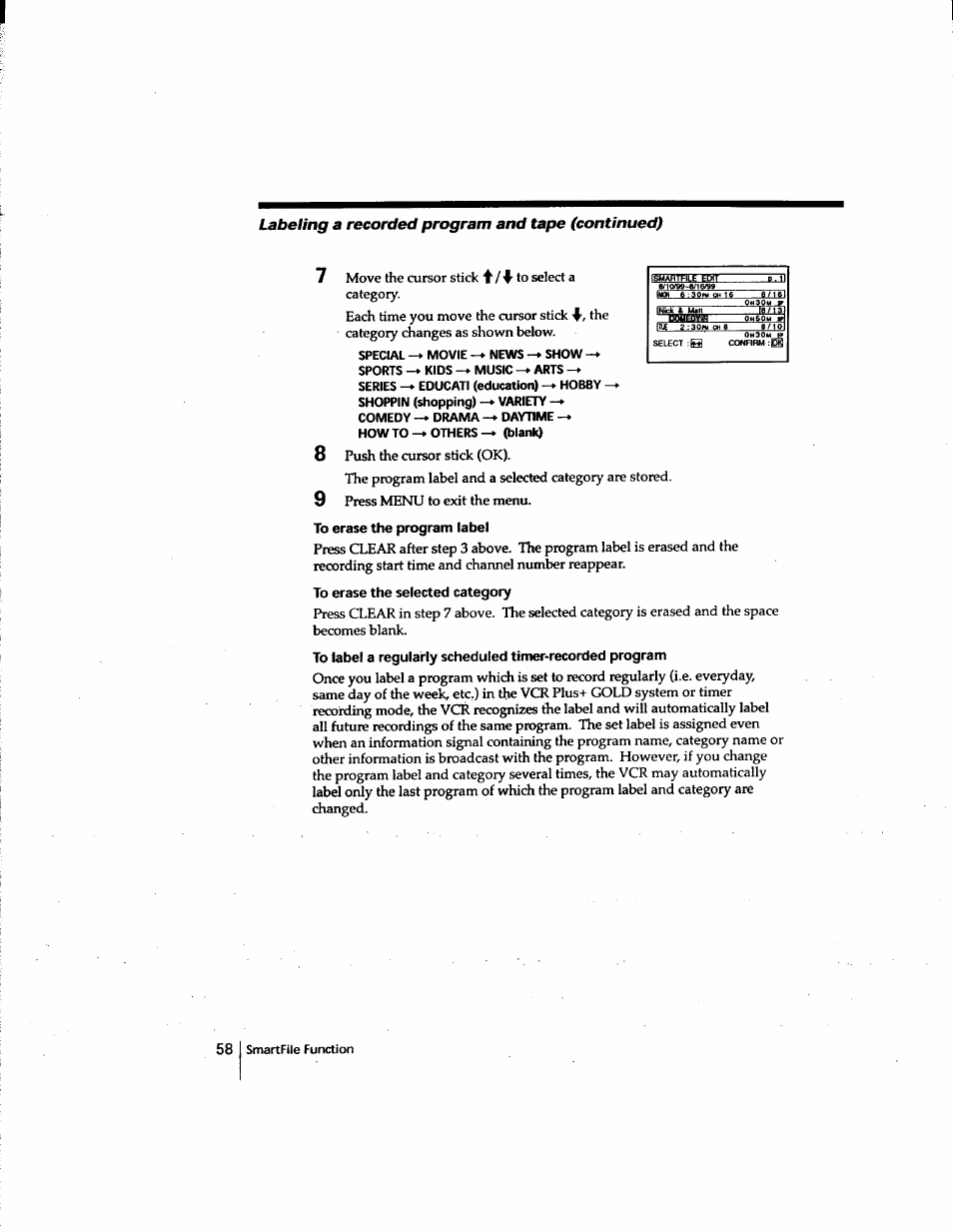 Special -♦ movie -» news -► show, Sports -* kids -► music -► arts, Comedy -♦ drama -► daytime | To erase the program label, To erase the selected category, Labeling a recorded program and tape (continued) | Sony SLV-M91HF User Manual | Page 58 / 80