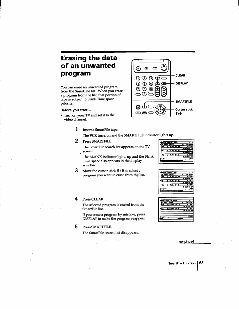 Erasing the data of an unwanted program, Before you start, Turn on your tv and set it to the video channel | Qm3qm_g _ ¿7iol, Continued | Sony SLV-M91HF User Manual | Page 63 / 80