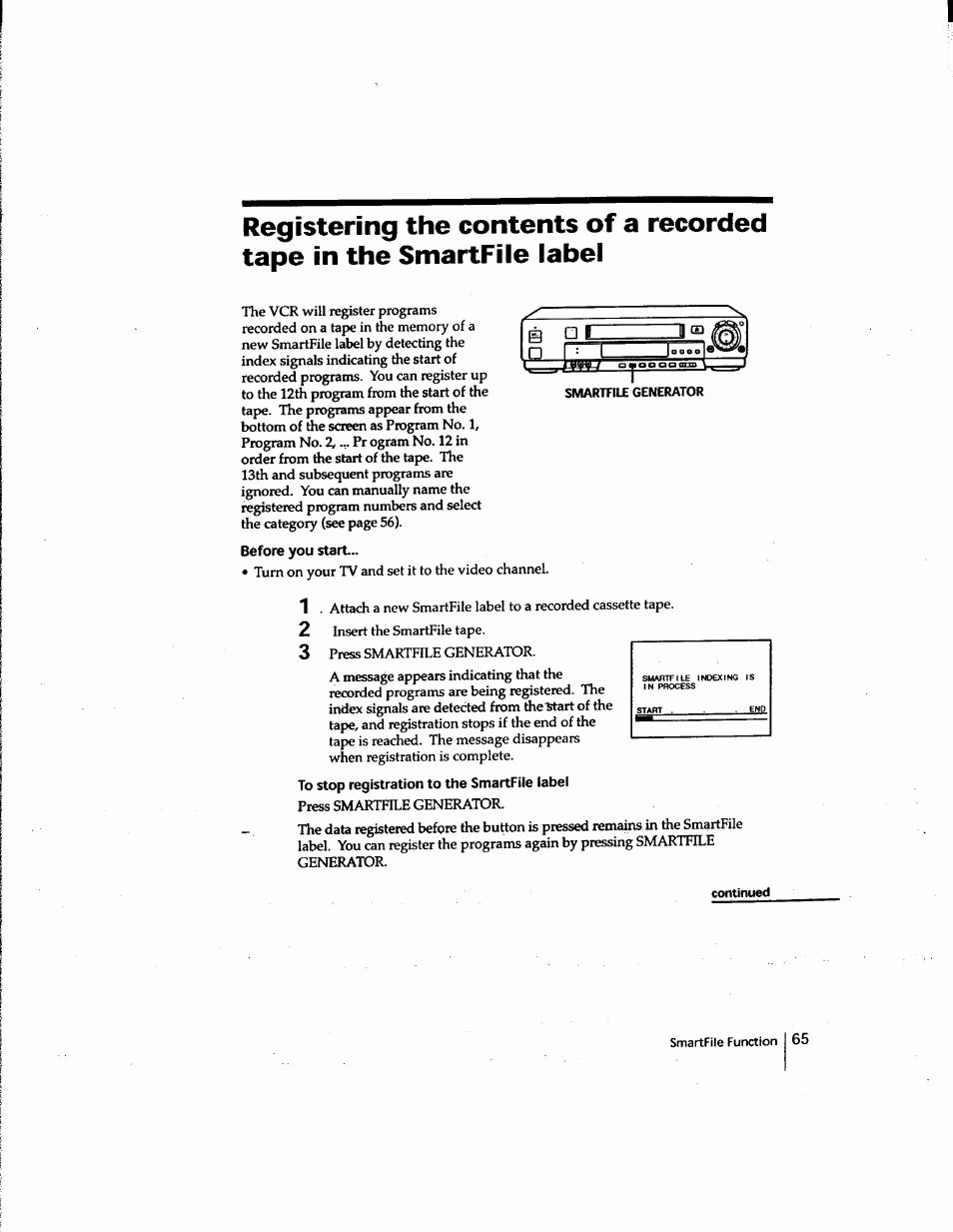 Before you start, To stop registration to the smartfile label | Sony SLV-M91HF User Manual | Page 65 / 80