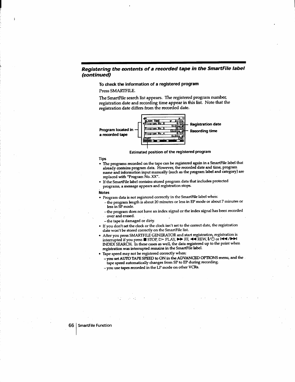 To check the information of a registered program, Press smartfile, Leal | Tips, Notes | Sony SLV-M91HF User Manual | Page 66 / 80