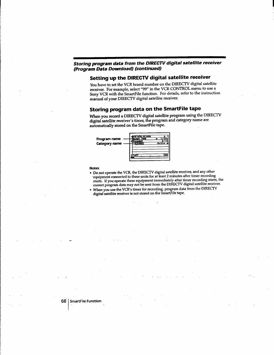 Setting up the directv digital satellite receiver, Storing program data on the smartfile tape | Sony SLV-M91HF User Manual | Page 68 / 80