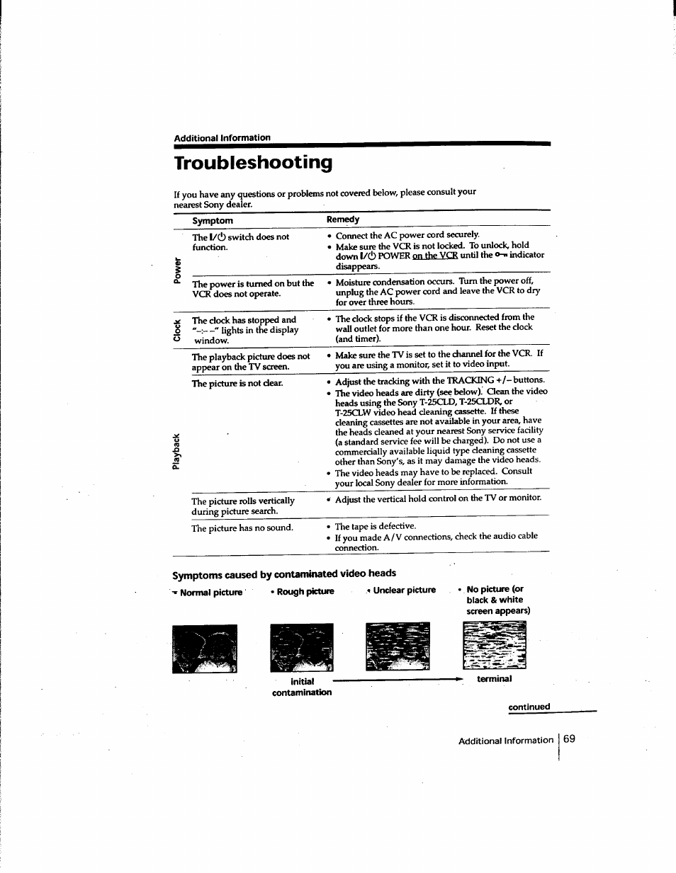 Additional information, Troubleshooting, Symptom | Remedy, Symptoms caused by contaminated video heads, Normal picture • rough picture < unclear picture, No picture (or black & white screen appears), Initial, Contamination, L/(!) | Sony SLV-M91HF User Manual | Page 69 / 80