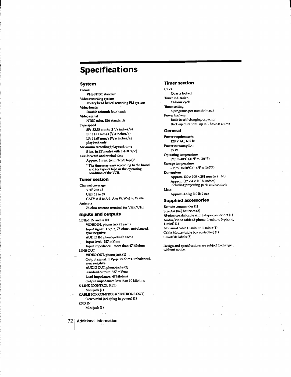 Specifications, System, Tuner section | Inputs and outputs, Timer section, General, Supplied accessories | Sony SLV-M91HF User Manual | Page 72 / 80