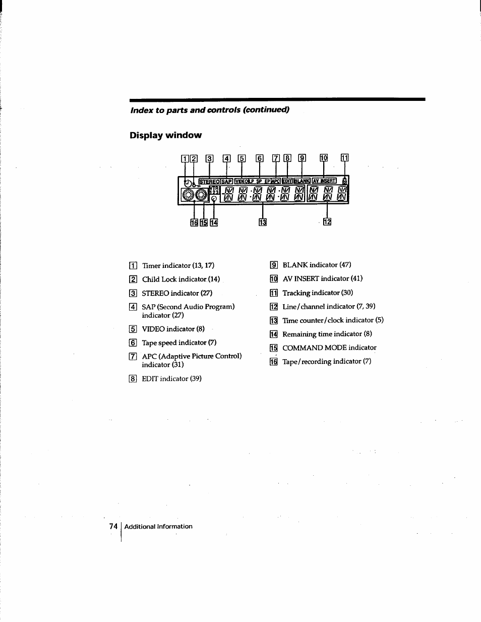 Display window | Sony SLV-M91HF User Manual | Page 74 / 80