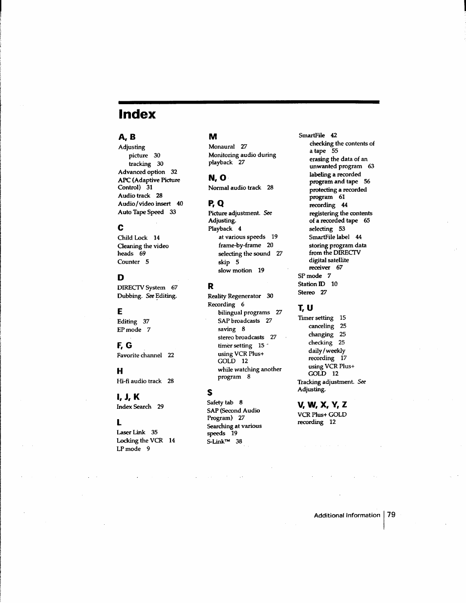 Index, I, j,k, N, o | V, w, x, y, z | Sony SLV-M91HF User Manual | Page 79 / 80