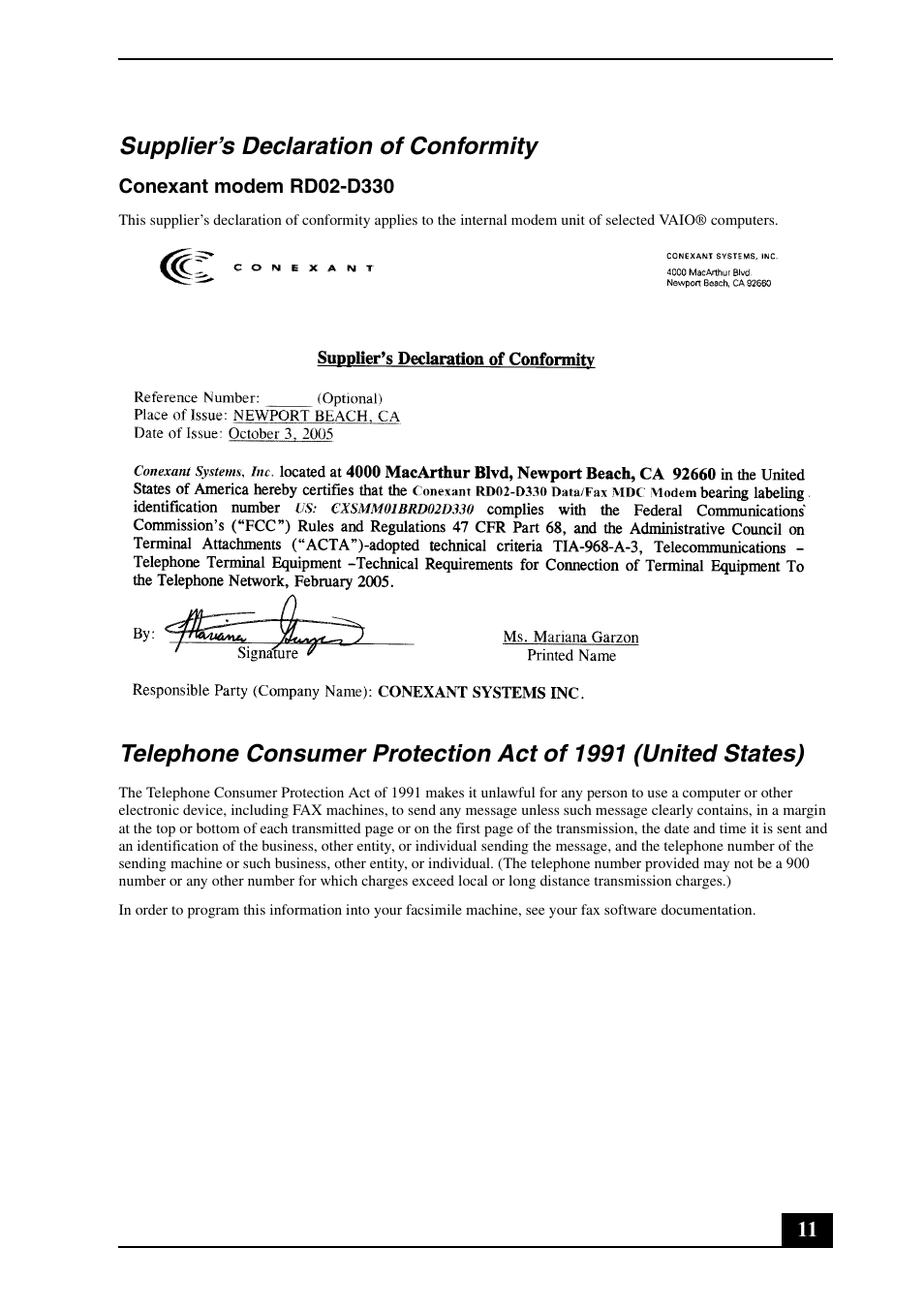 Supplier’s declaration of conformity | Sony VGN-BX760 User Manual | Page 11 / 20