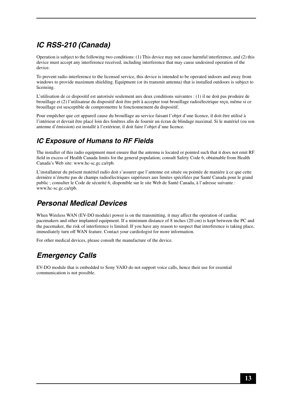 Ic rss-210 (canada), Personal medical devices, Emergency calls | Ic exposure of humans to rf fields | Sony VGN-BX760 User Manual | Page 13 / 20