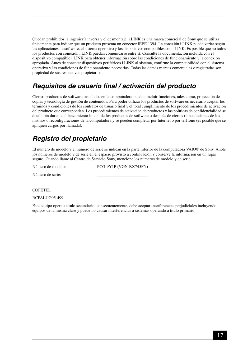 Registro del propietario | Sony VGN-BX760 User Manual | Page 17 / 20