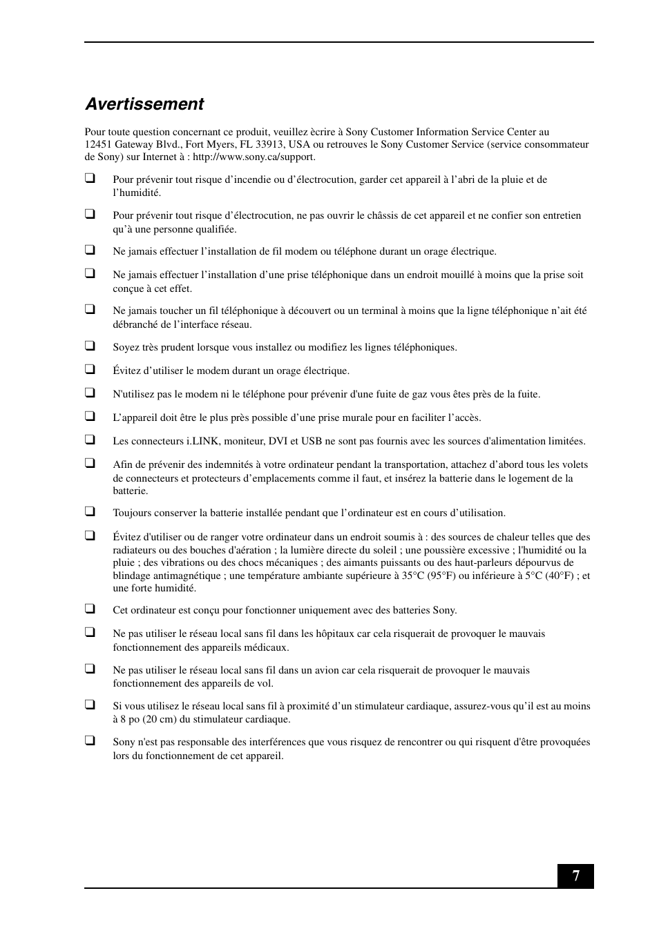 Avertissement | Sony VGN-BX760 User Manual | Page 7 / 20