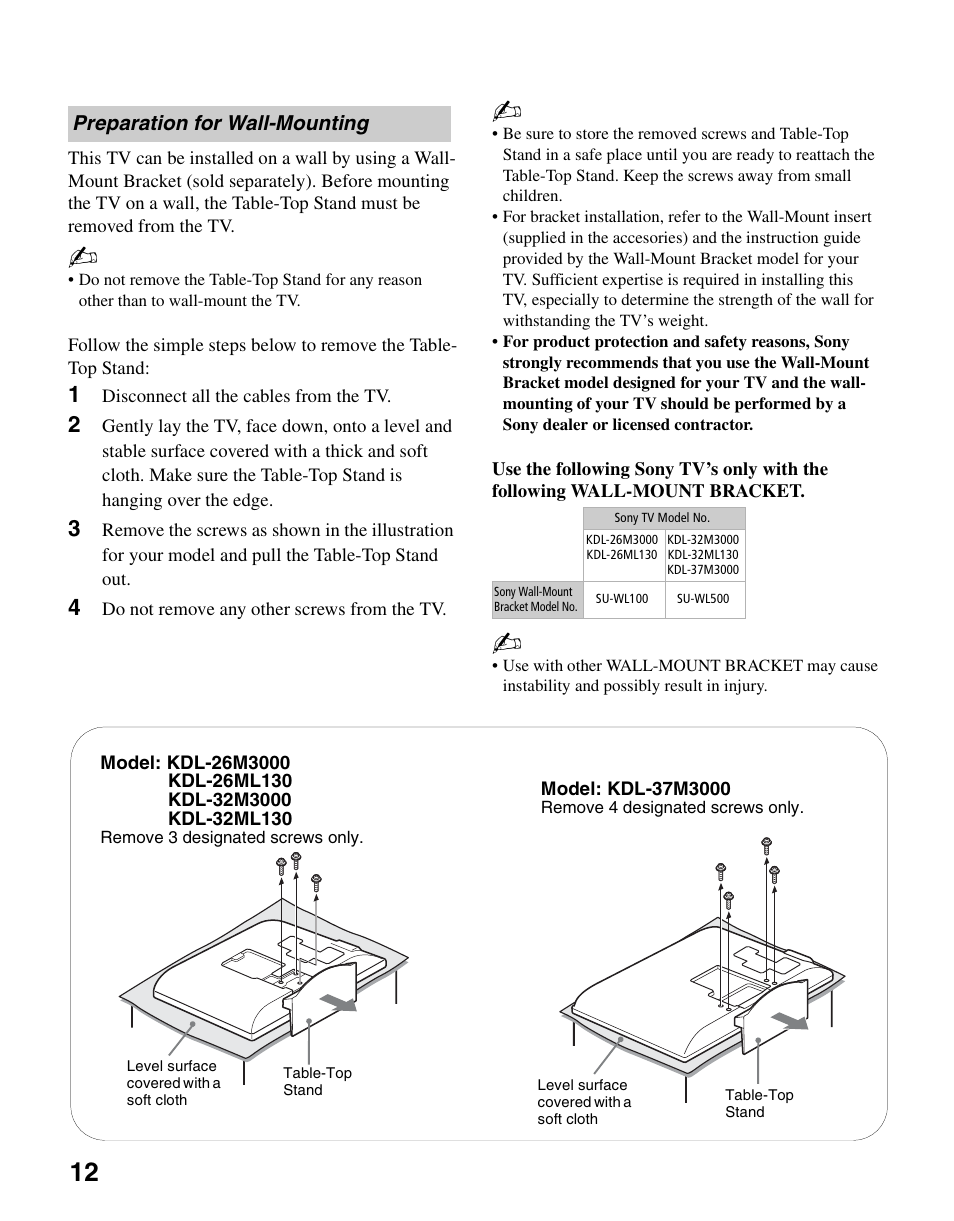 Preparation for wall-mounting | Sony KDL-26M3000 User Manual | Page 12 / 48