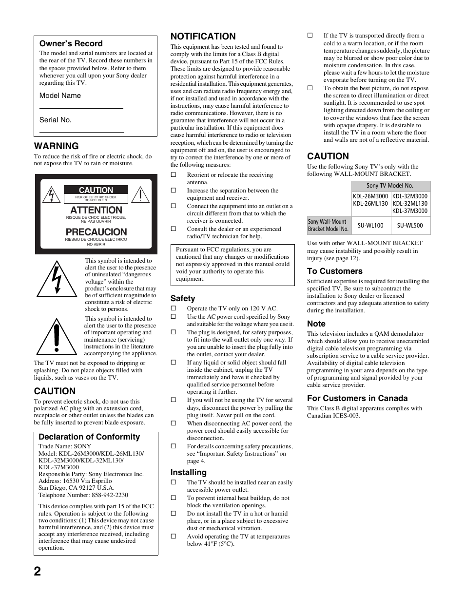 Attention, Precaucion, Warning | Caution, Notification, Safety, Installing, For customers in canada, Owner’s record, Declaration of conformity | Sony KDL-26M3000 User Manual | Page 2 / 48