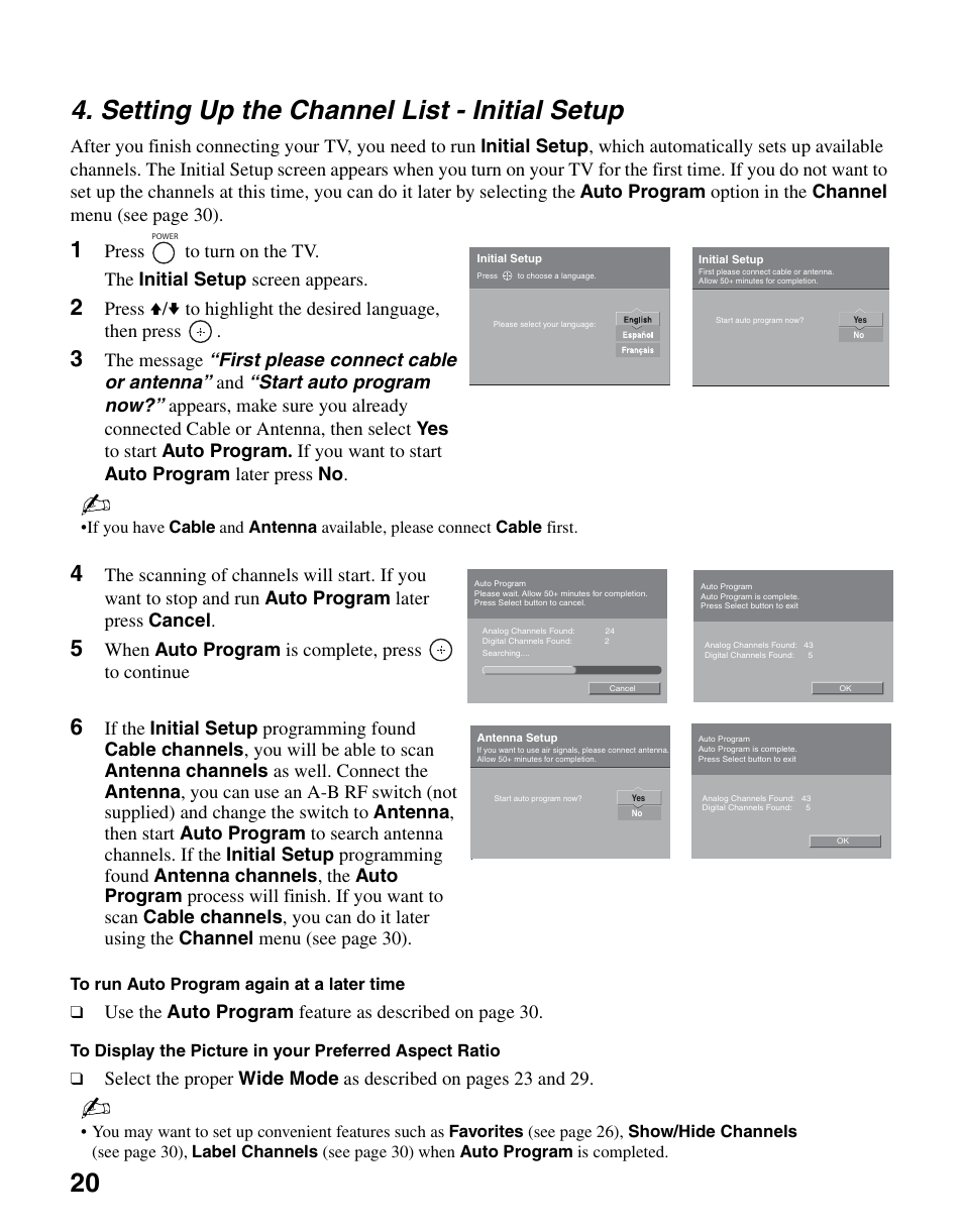 Setting up the channel list - initial setup, Setting up the channel list, Initial setup | 20 4. setting up the channel list - initial setup, When auto program is complete, press to continue | Sony KDL-26M3000 User Manual | Page 20 / 48