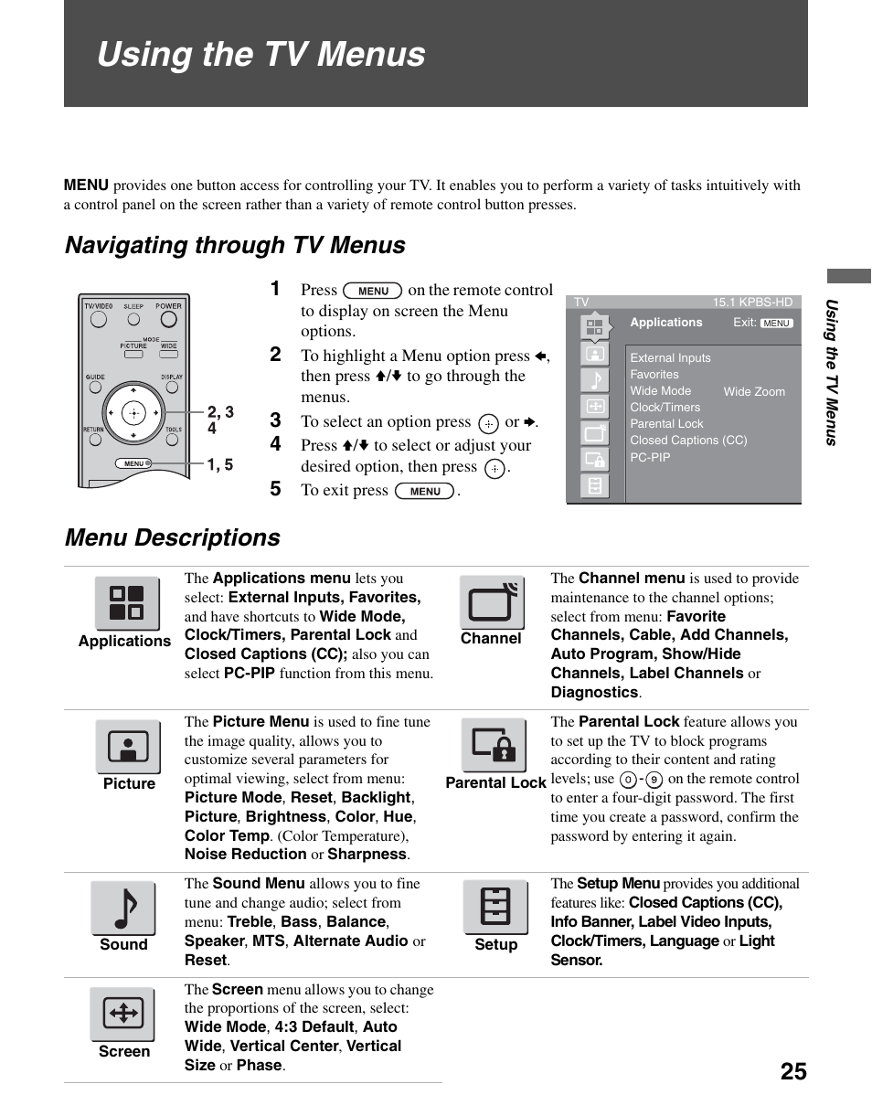 Using the tv menus, Navigating through tv menus, Menu descriptions | Navigating through tv menus menu descriptions | Sony KDL-26M3000 User Manual | Page 25 / 48