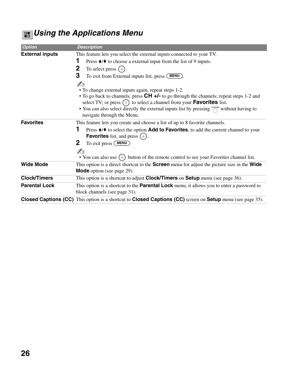 Using the applications menu, 26 using the applications menu | Sony KDL-26M3000 User Manual | Page 26 / 48