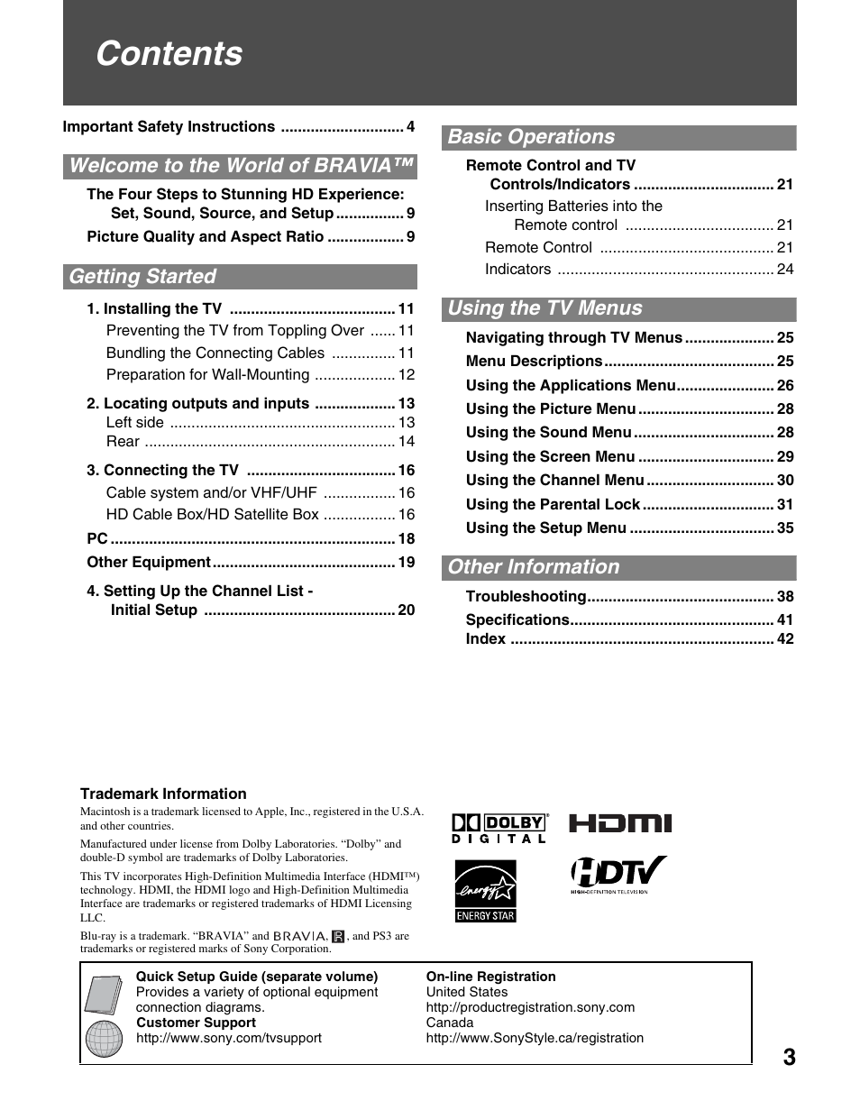 Sony KDL-26M3000 User Manual | Page 3 / 48