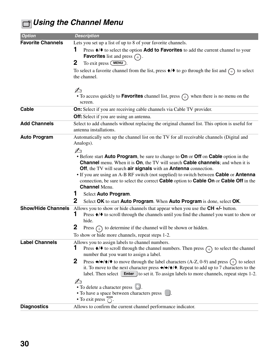 Using the channel menu, 30 using the channel menu | Sony KDL-26M3000 User Manual | Page 30 / 48