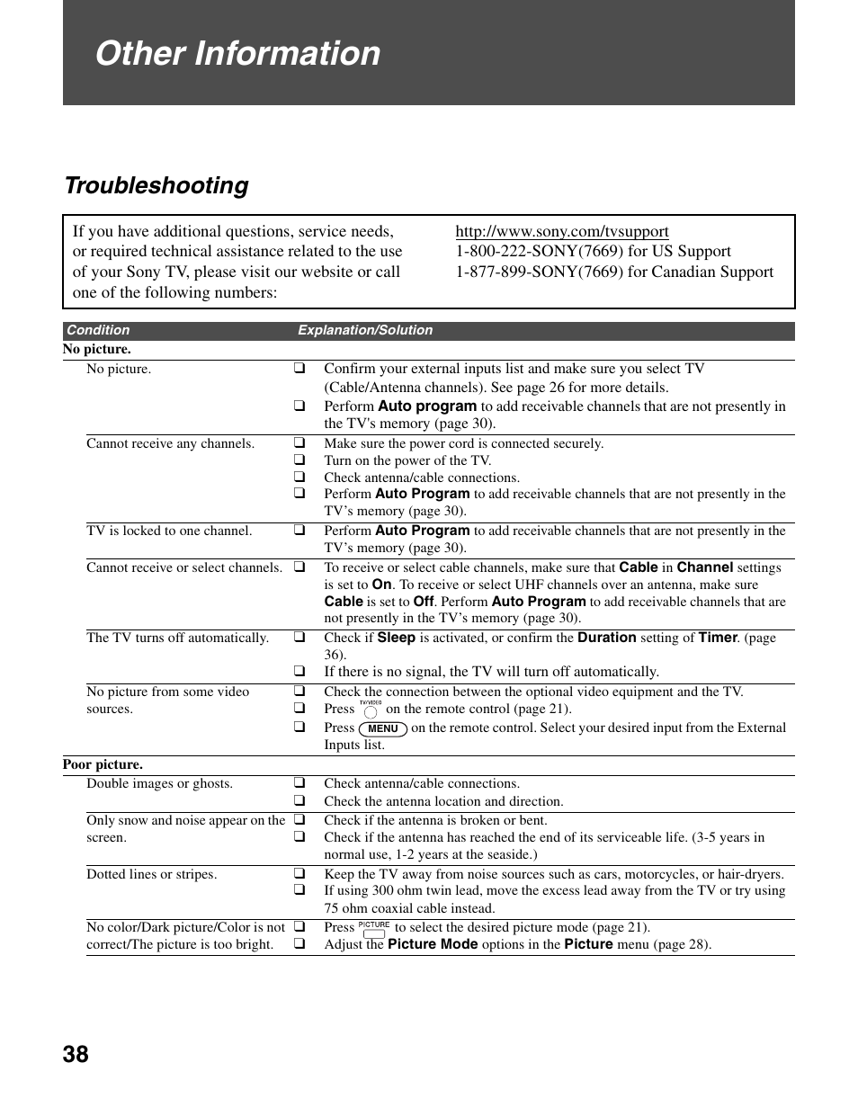 Other information, Troubleshooting | Sony KDL-26M3000 User Manual | Page 38 / 48