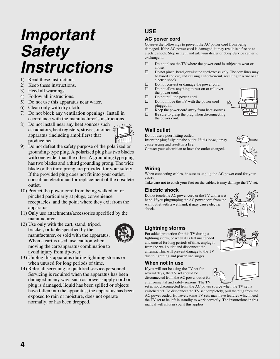 Important safety instructions | Sony KDL-26M3000 User Manual | Page 4 / 48