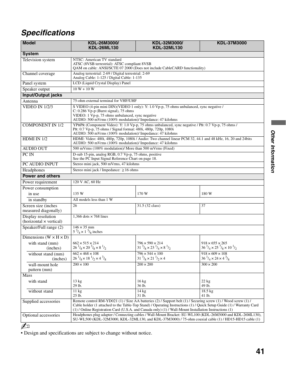 Specifications, Oth e r info rm a tio n | Sony KDL-26M3000 User Manual | Page 41 / 48