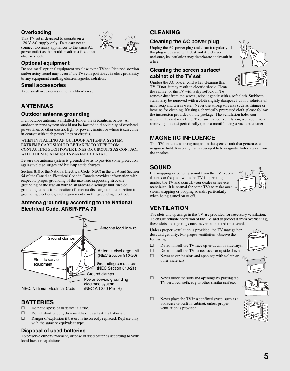 Antennas, Batteries, Cleaning | Magnetic influence, Sound, Ventilation | Sony KDL-26M3000 User Manual | Page 5 / 48