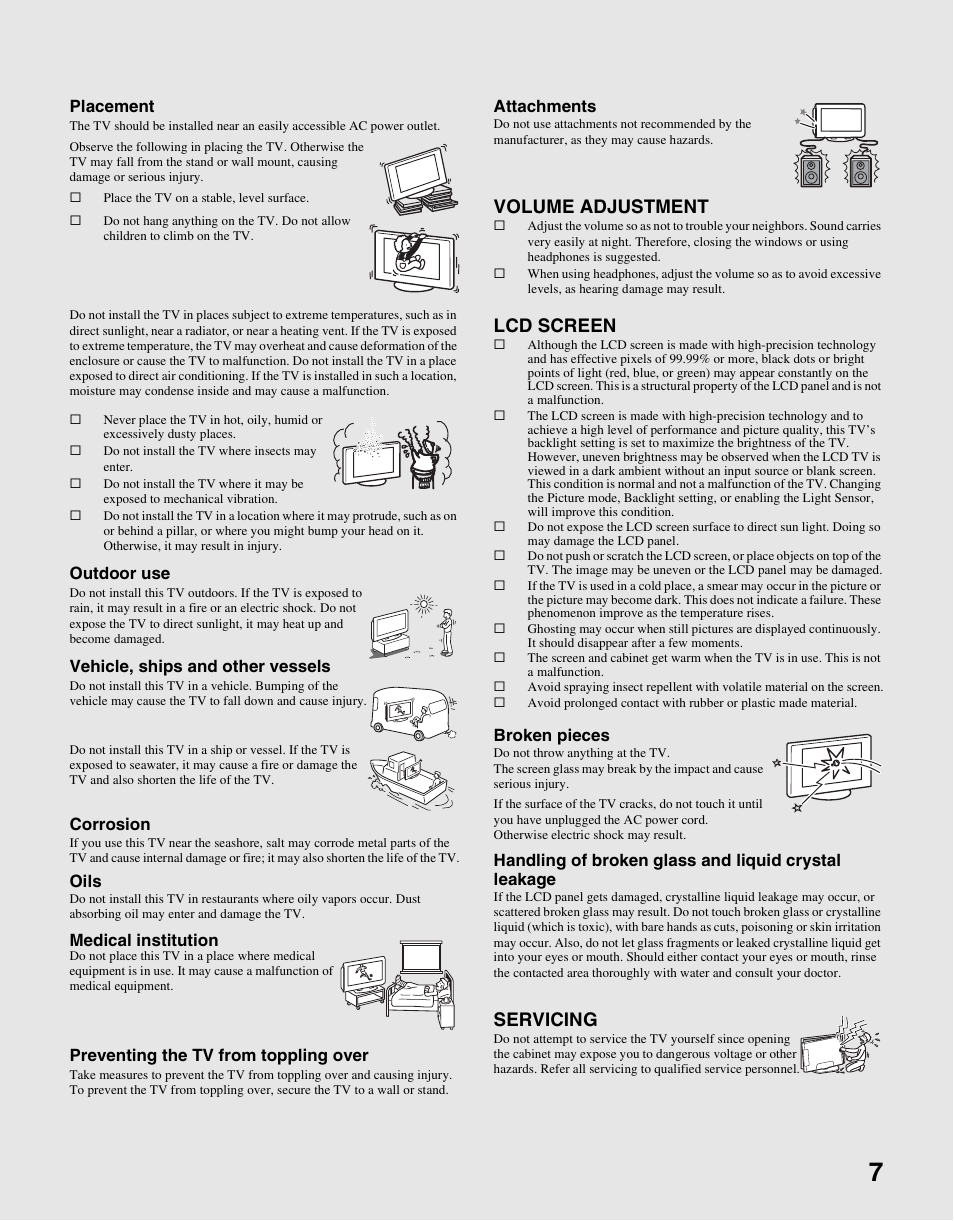 Volume adjustment, Lcd screen, Servicing | Sony KDL-26M3000 User Manual | Page 7 / 48