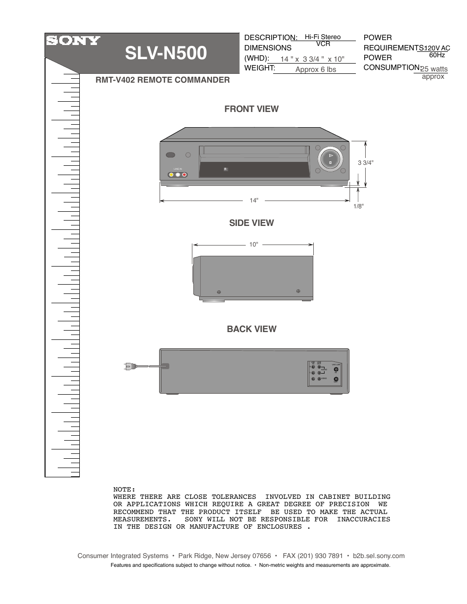 Sony SLV-N500 User Manual | 1 page