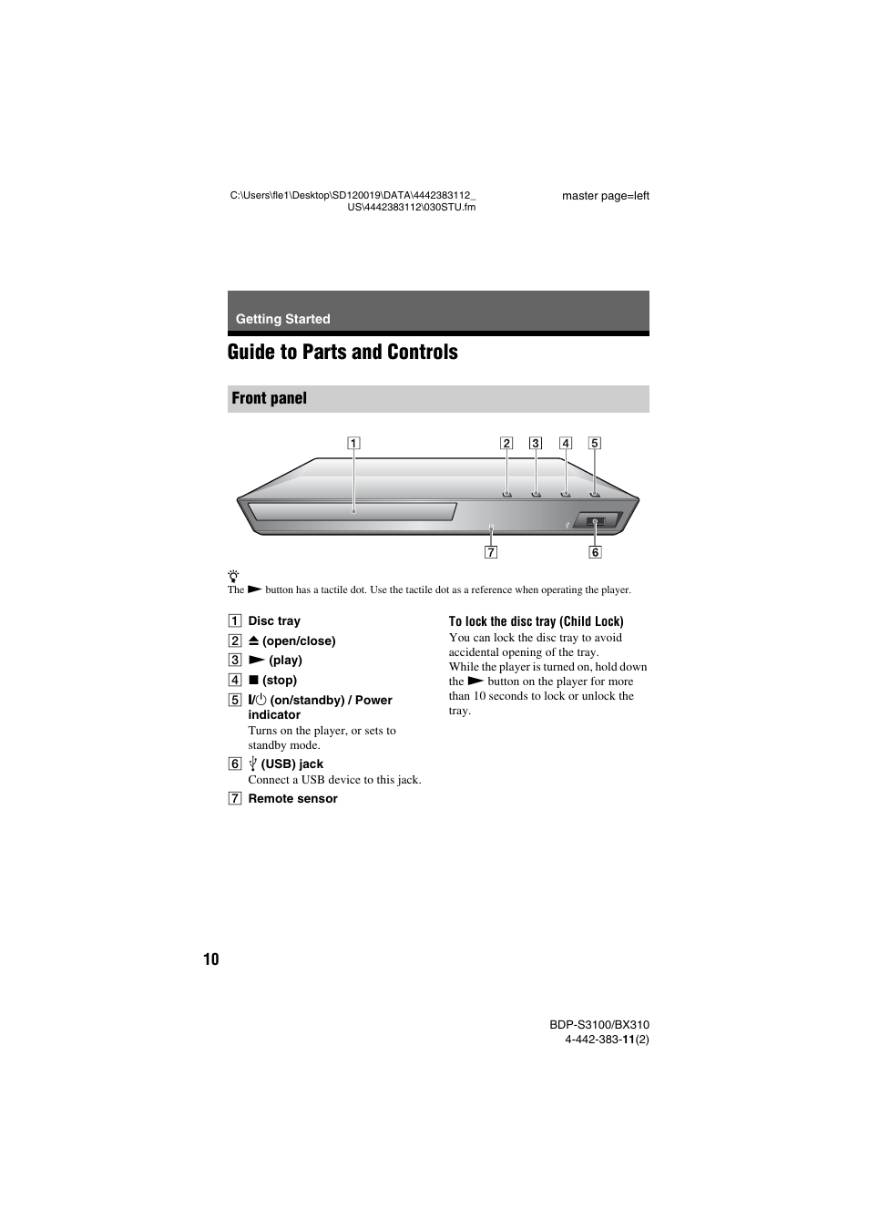 Getting started, Guide to parts and controls, Front panel | Sony BDP-S3100 User Manual | Page 10 / 44