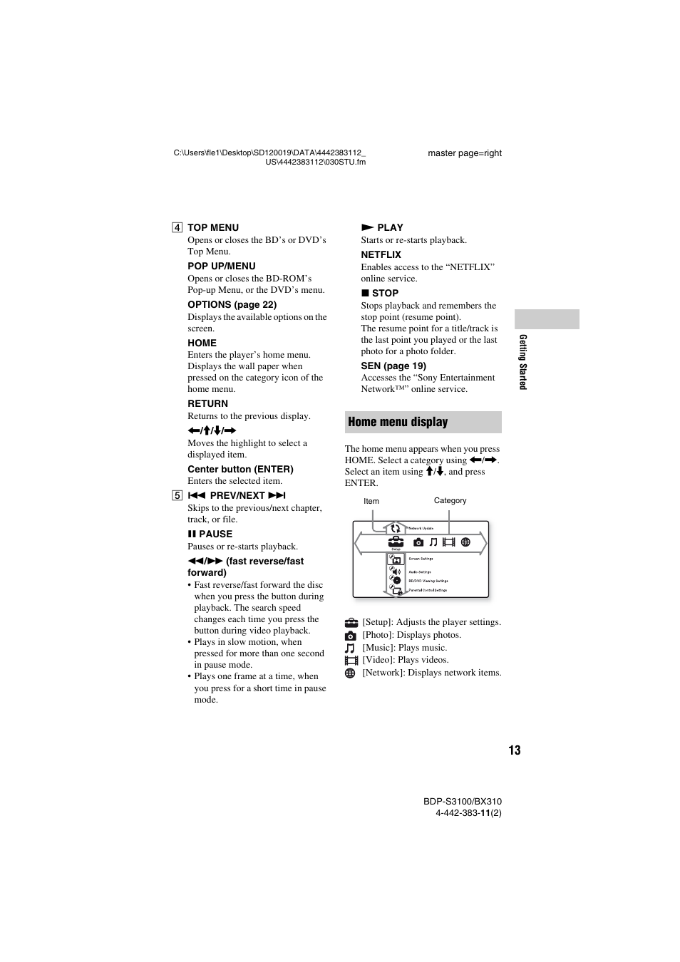 Home menu display | Sony BDP-S3100 User Manual | Page 13 / 44