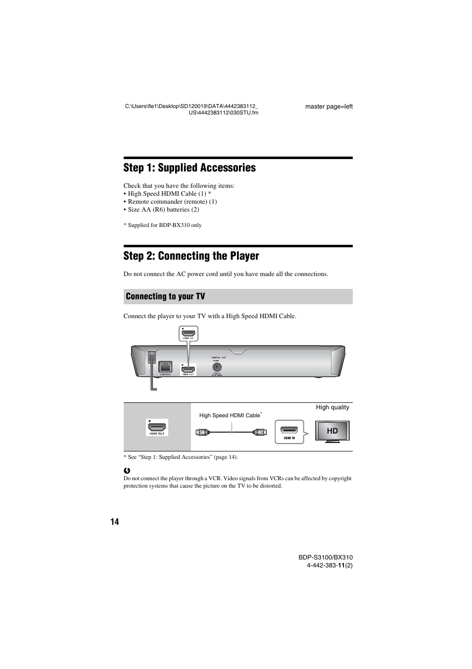 Step 1: supplied accessories, Step 2: connecting the player, Connecting to your tv | Sony BDP-S3100 User Manual | Page 14 / 44