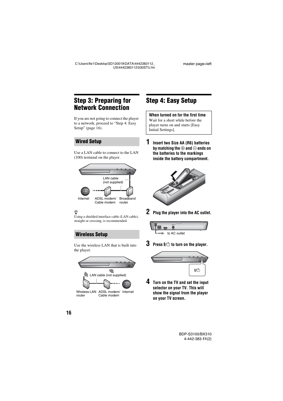 Step 3: preparing for network connection, Step 4: easy setup | Sony BDP-S3100 User Manual | Page 16 / 44
