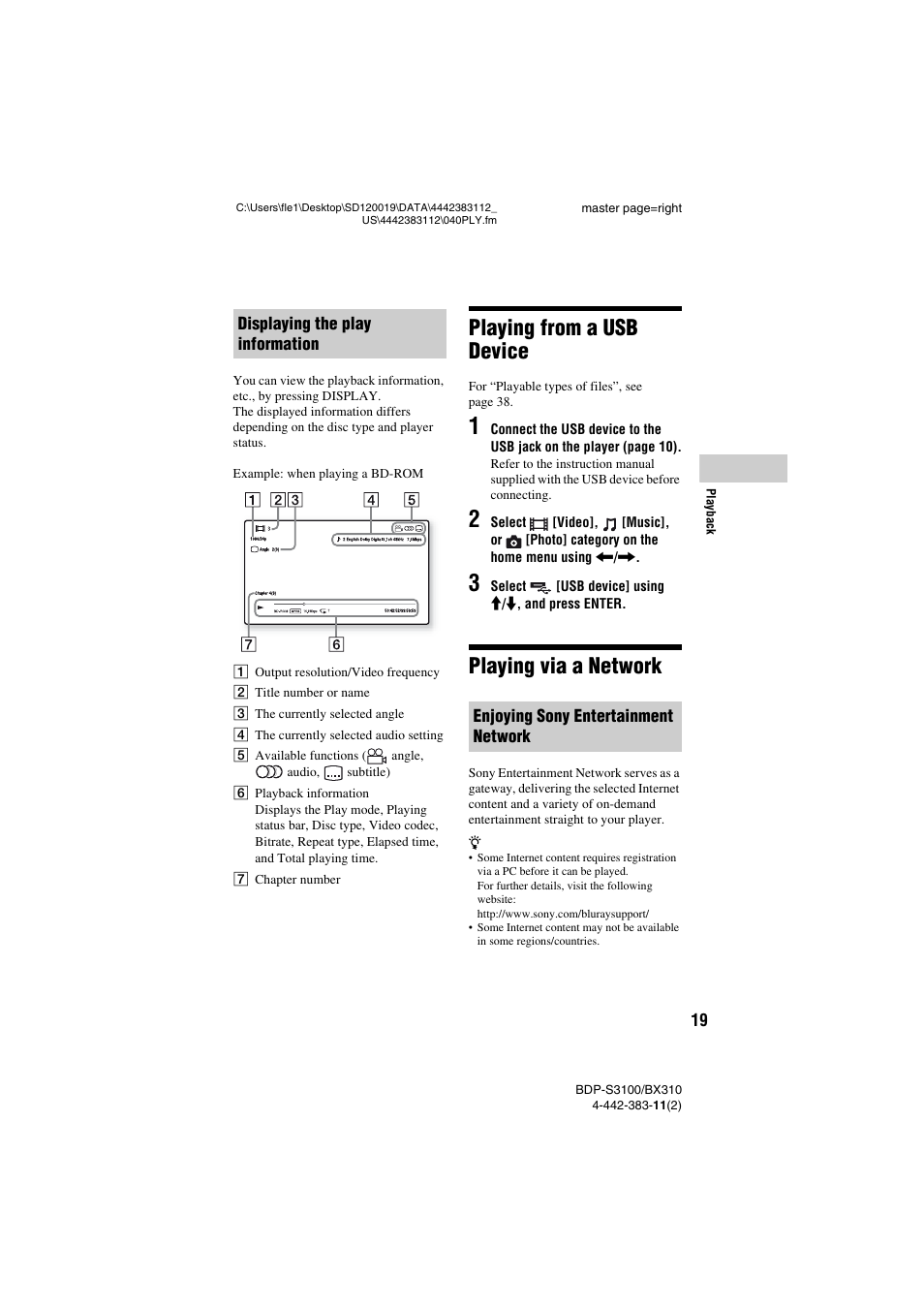 Playing from a usb device, Playing via a network | Sony BDP-S3100 User Manual | Page 19 / 44