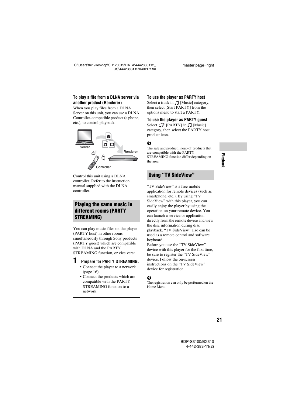 Using “tv sideview | Sony BDP-S3100 User Manual | Page 21 / 44