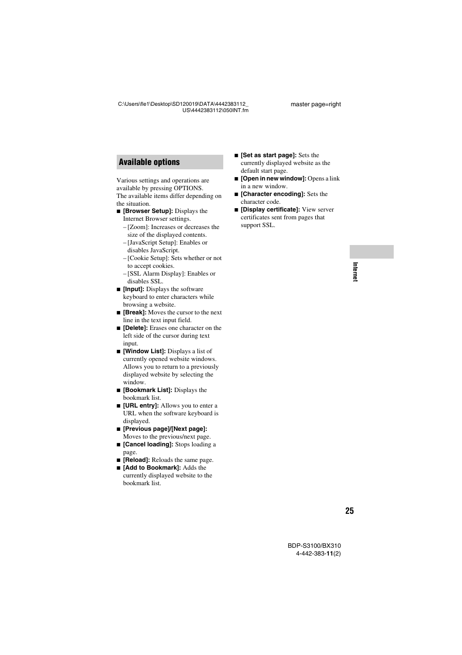 Available options | Sony BDP-S3100 User Manual | Page 25 / 44