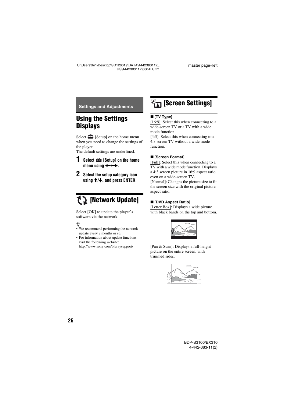 Settings and adjustments, Using the settings displays, Network update | Screen settings | Sony BDP-S3100 User Manual | Page 26 / 44