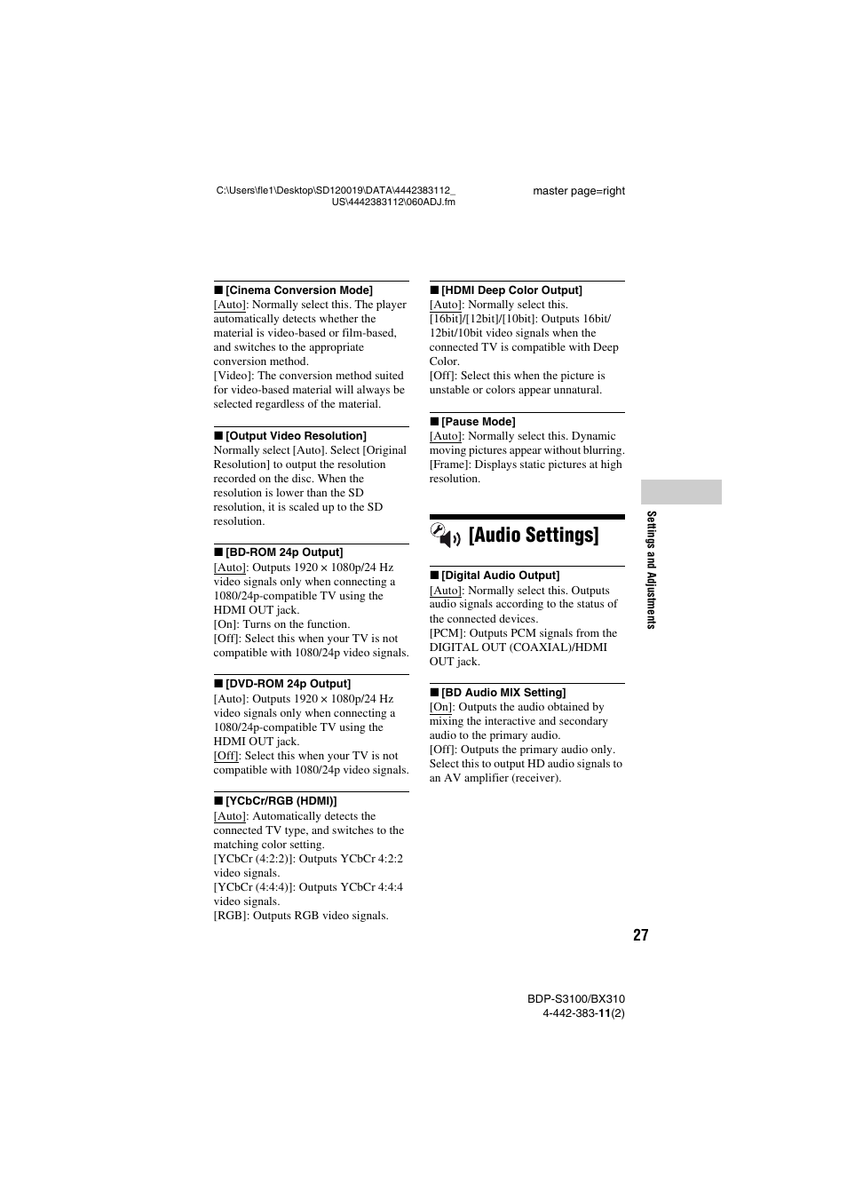 Audio settings | Sony BDP-S3100 User Manual | Page 27 / 44