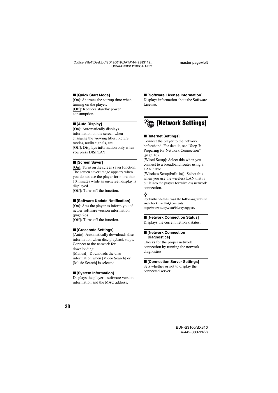 Network settings | Sony BDP-S3100 User Manual | Page 30 / 44
