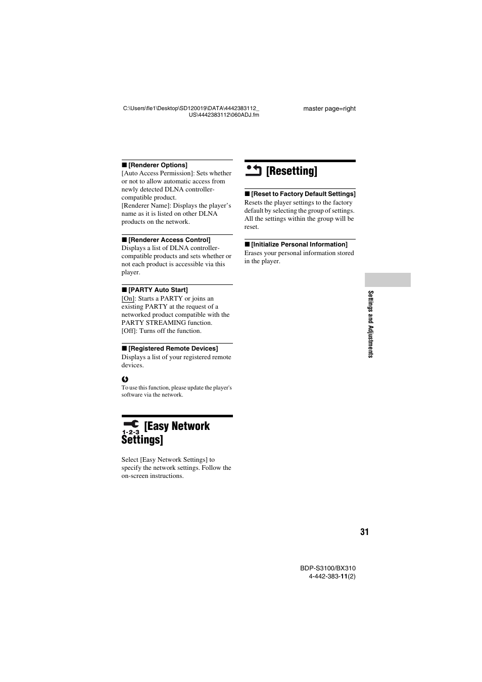 Easy network settings, Resetting | Sony BDP-S3100 User Manual | Page 31 / 44