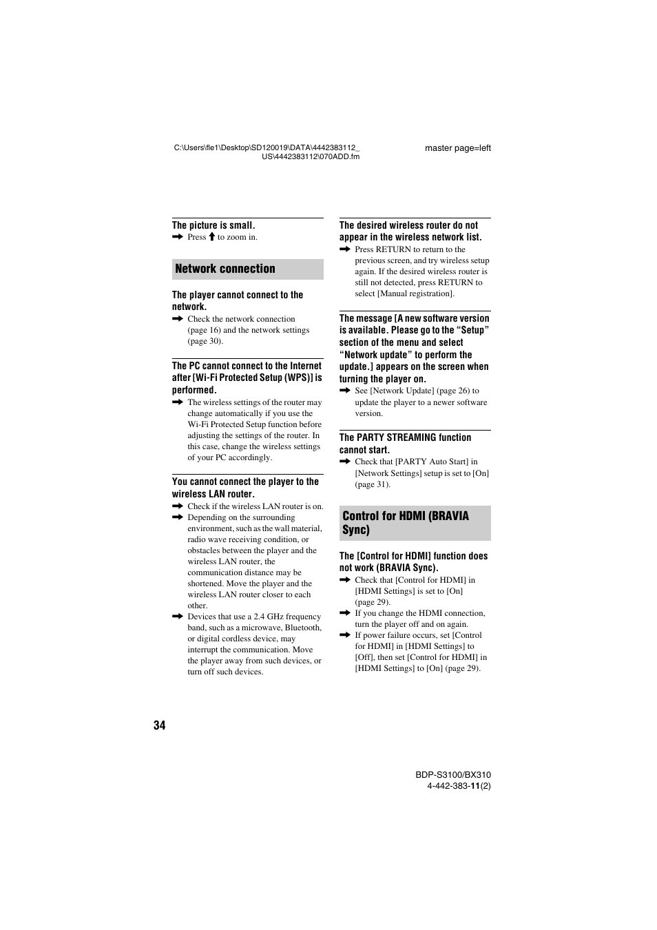 Network connection control for hdmi (bravia sync) | Sony BDP-S3100 User Manual | Page 34 / 44