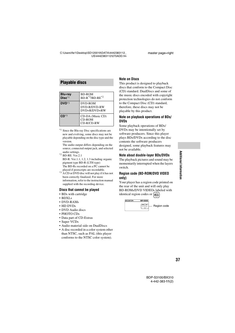 Playable discs | Sony BDP-S3100 User Manual | Page 37 / 44