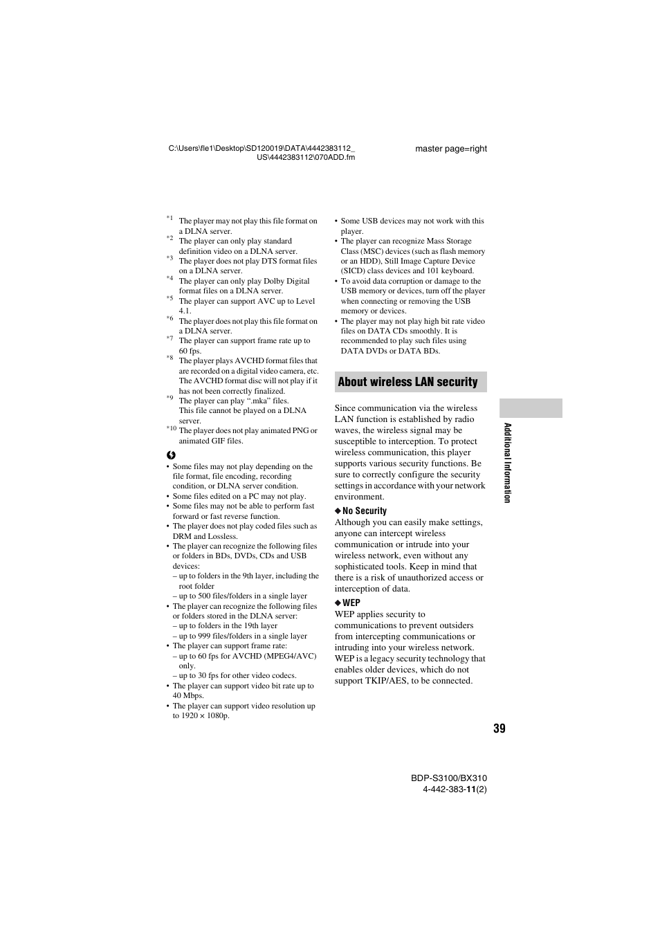 About wireless lan security | Sony BDP-S3100 User Manual | Page 39 / 44