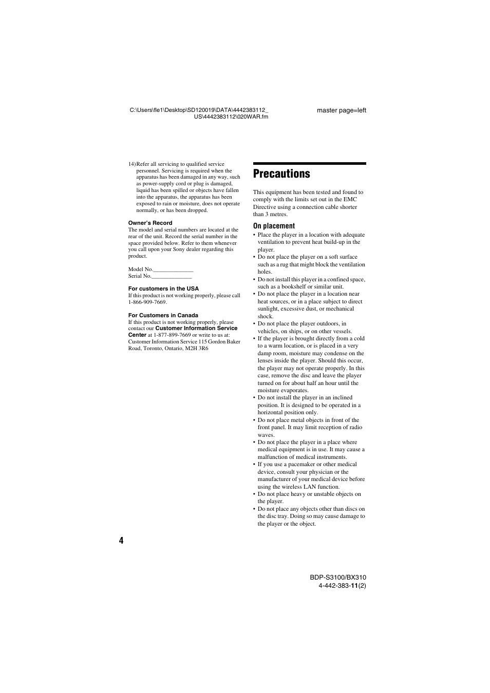 Precautions | Sony BDP-S3100 User Manual | Page 4 / 44